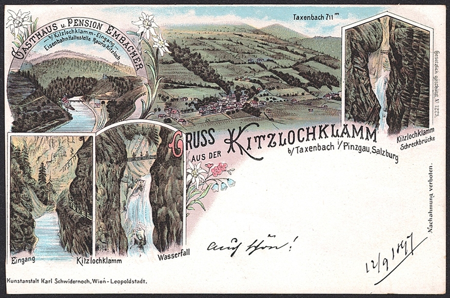 Lithographien, Österreich, Gruss aus der KITZLOCHKLAMM, 5 Bilder, 1897, nicht gelaufen