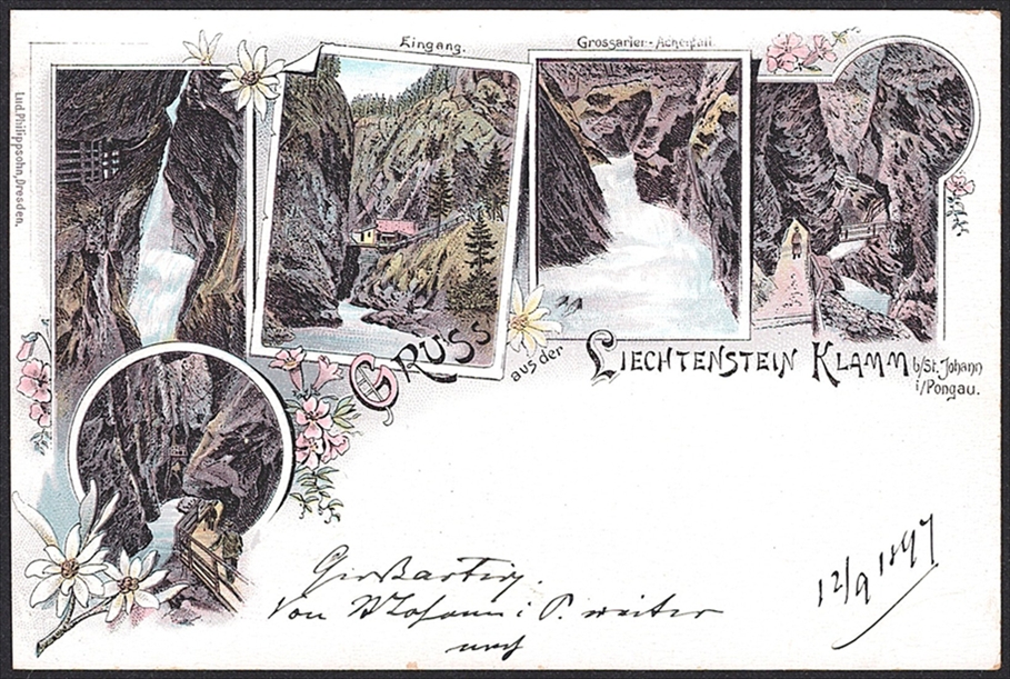 Lithographien, Österreich, Gruss aus der LIECHTENSTEIN-KLAMM, 5 Bilder, 1897, nicht gelaufen