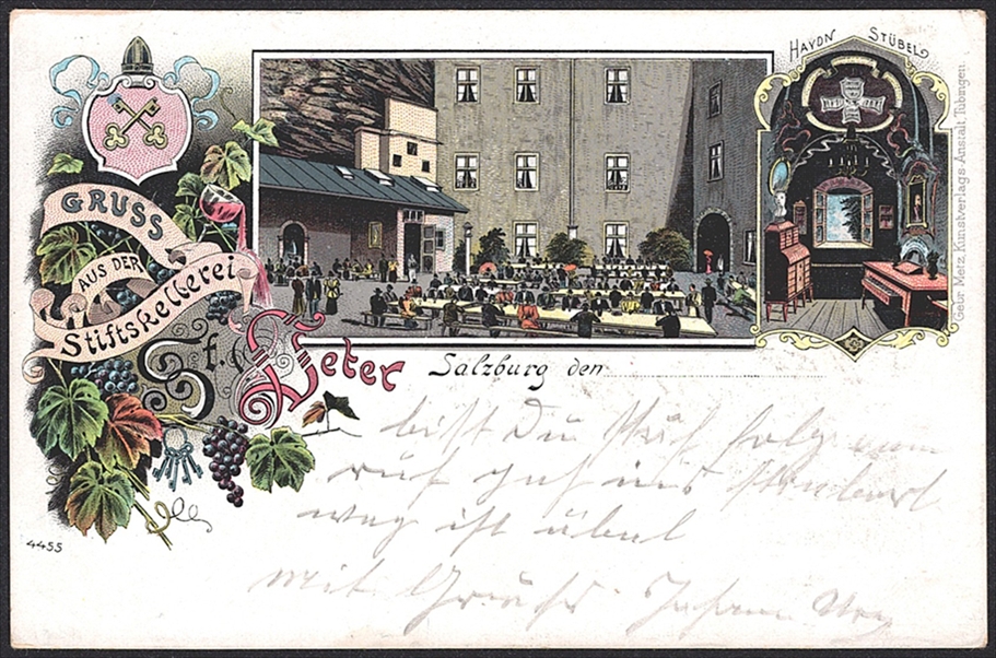 Lithographien, Österreich, Gruss aus der STIFTSKELLEREI ST.PETER SALZBURG, 2 Bilder, 1901
