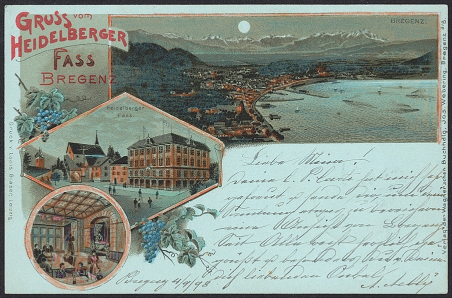 Lithographien, Österreich, Gruss vom HEIDELBERGER FASS BREGENZ, 3 Bilder, 1898