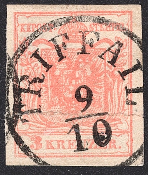Österreich 1850 - 3 Kreuzer Nr. 3 (hell)rot MP Type IIIb vollrandig - gestempelt Vollstempel "TRIFFAIL"