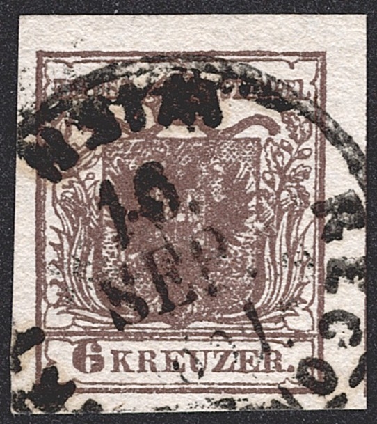 Österreich 1850 6 Kreuzer Nr. 4 schwarzbraun HP Type Ib überrandig - gestempelt "Reco - WIEN" mit 180 Grad verdrehtem Stempel Datum