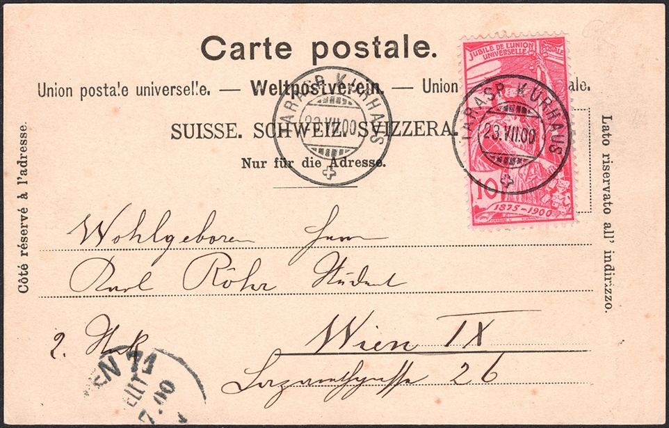 Schweiz 1900 UPU SBK Nr. 78A auf Ansichtskarte "SCHULS-TARASP" von TARASP KURHAUS 23.VII.00 nach WIEN