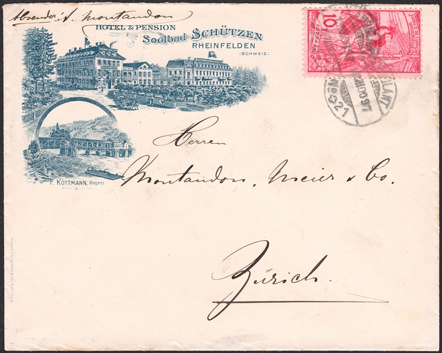 Schweiz 1900 UPU SBK Nr. 78B auf sehr schönem Litho-Brief "HOTEL SOOLBAD SCHÜTZEN, RHEINFELDEN" mit Stempel AMBULANT 13.VIII.00 nach ZÜRICH - rückseitig Ankunftsstempel 13.VIII.00
