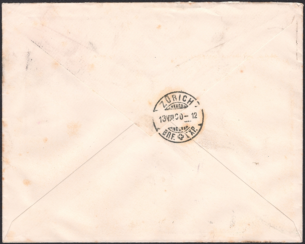 Schweiz 1900 UPU SBK Nr. 78B auf sehr schönem Litho-Brief "HOTEL SOOLBAD SCHÜTZEN, RHEINFELDEN" mit Stempel AMBULANT 13.VIII.00 nach ZÜRICH - rückseitig Ankunftsstempel 13.VIII.00 – Bild 2