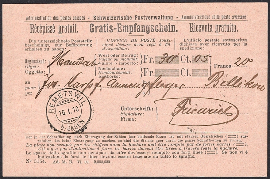 Schweiz, Abstempelungen, Kanton Aargau, REMETSWIL b.BADEN, auf Gratis-Empfangsschein, Formular-Nr.3154/VI.09.
