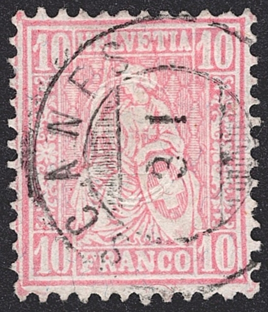 Schweiz, Abstempelungen, Kanton Graubünden, Zwergstempel SCANFS auf 10Rp.Sitzender Helvetia