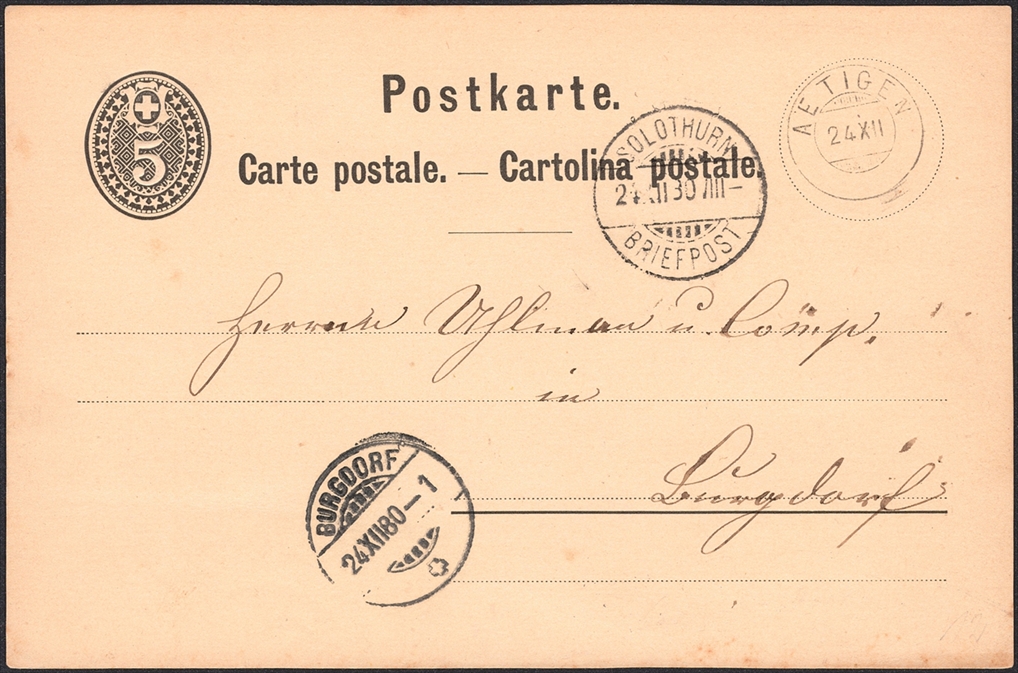 Schweiz, Abstempelungen, Kanton Solothurn, Zwergstempel AETIGEN, auf 5Rp.Postkarte