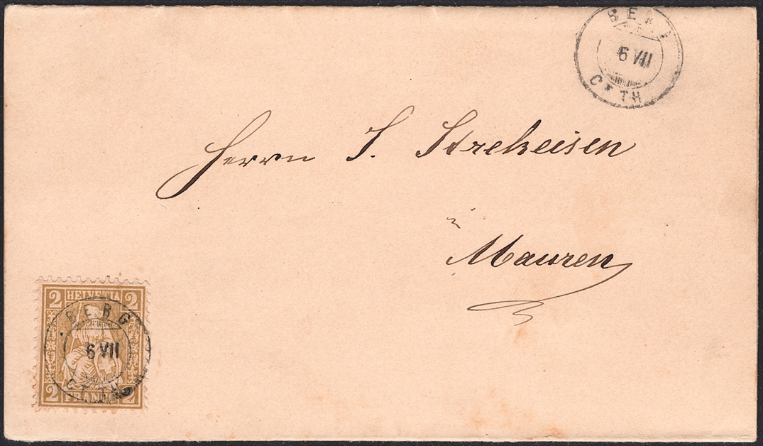 Schweiz, Abstempelungen, Kanton Thurgau, Zwergstempel BERG CT.T, auf 2Rp.Sitzende Helvetia, Verlobungsanzeige