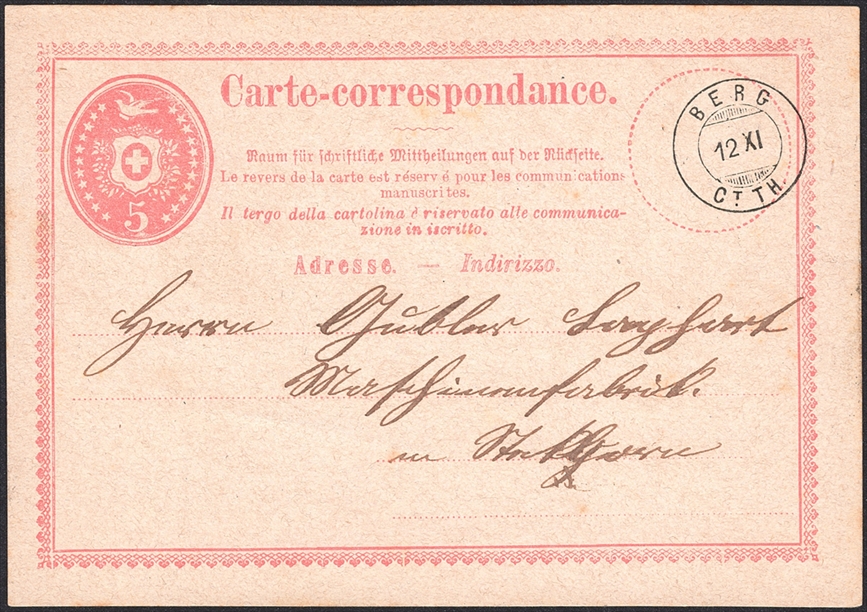 Schweiz, Abstempelungen, Kanton Thurgau, Zwergstempel BERG CT.T, auf 5Rp.Postkarte