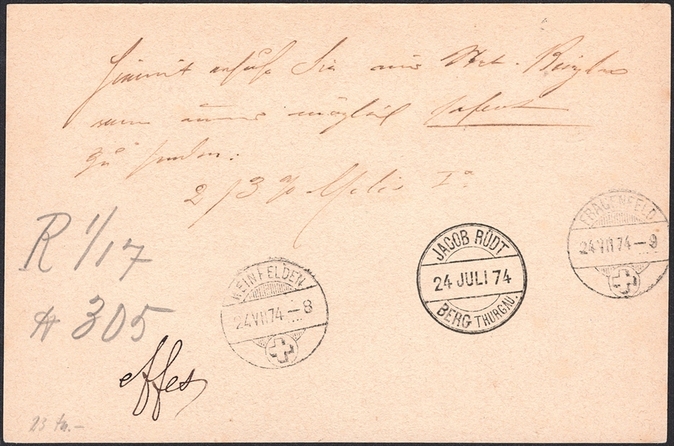 Schweiz, Abstempelungen, Kanton Thurgau, Zwergstempel BERG CT.T, auf 5Rp.Postkarte – Bild 2