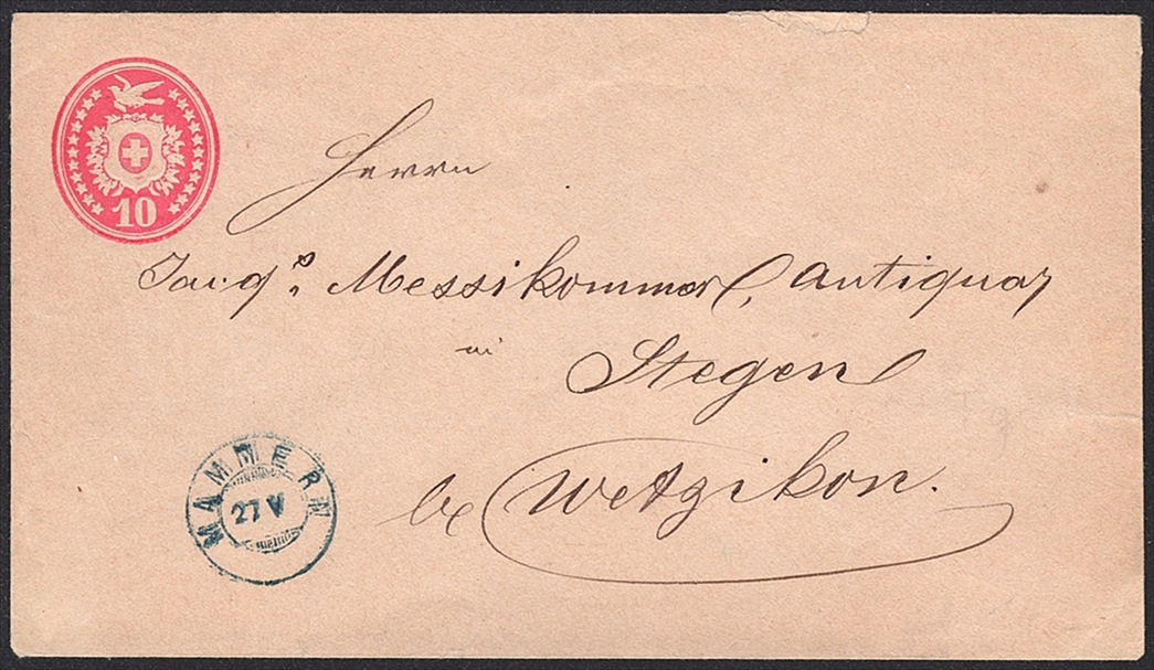 Schweiz, Abstempelungen, Kanton Thurgau, Zwergstempel MAMMERN, blau, auf 10Rp.Tübeli