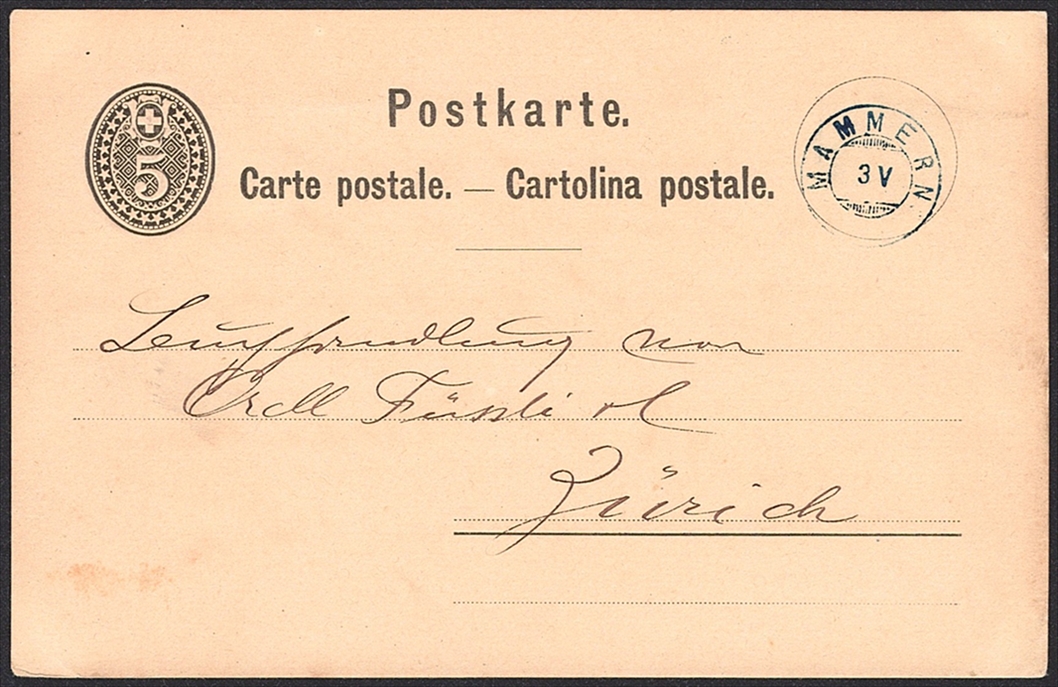 Schweiz, Abstempelungen, Kanton Thurgau, Zwergstempel MAMMERN, blau, auf 5Rp.Postkarte