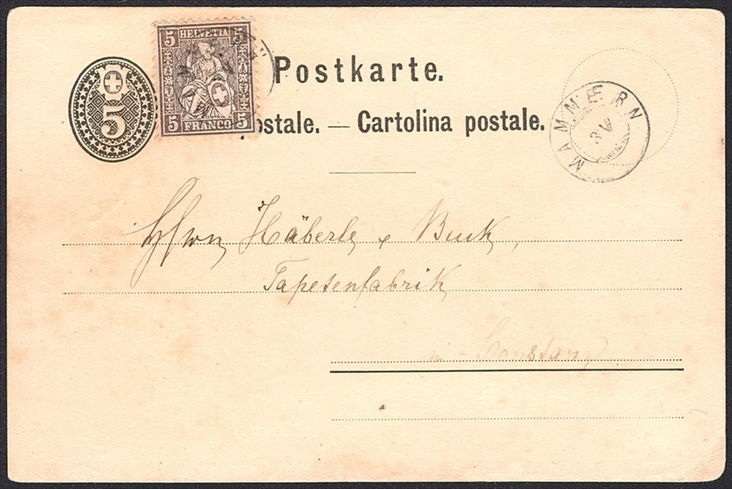 Schweiz, Abstempelungen, Kanton Thurgau, Zwergstempel MAMMERN, mit Zusatzfrankatur auf 5Rp.Postkarte