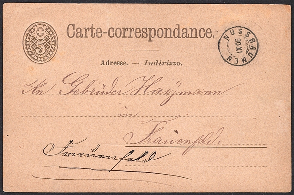 Schweiz, Abstempelungen, Kanton Thurgau, Zwergstempel NUSSBAUMEN, auf 5Rp.Postkarte