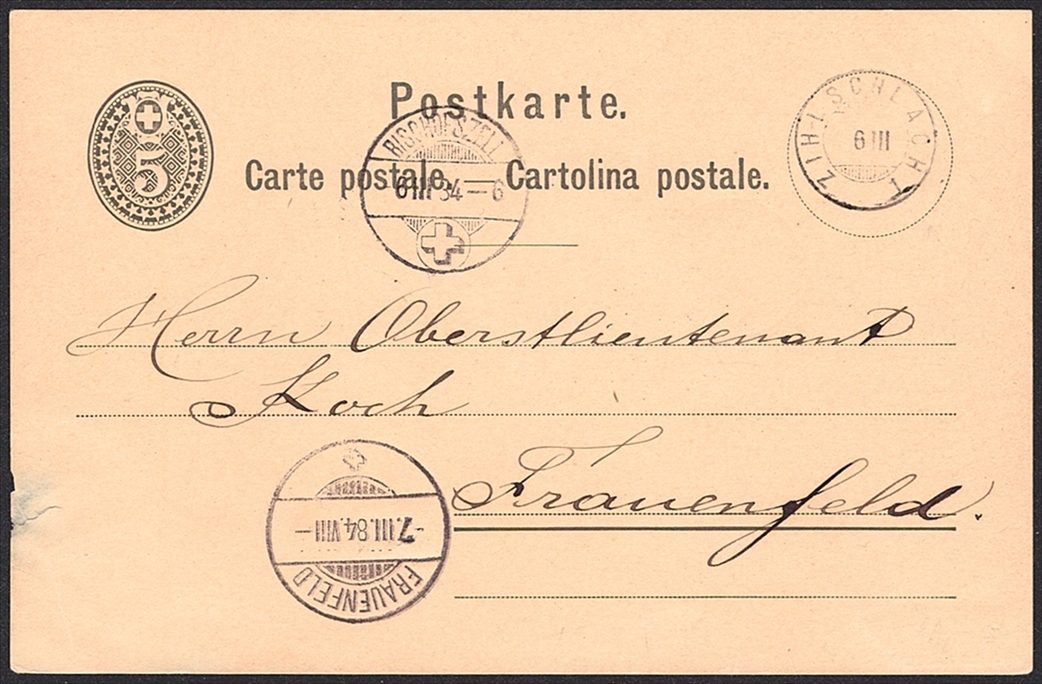 Schweiz, Abstempelungen, Kanton Thurgau, Zwergstempel ZIHLSCHLACHT, auf 5Rp.Postkarte