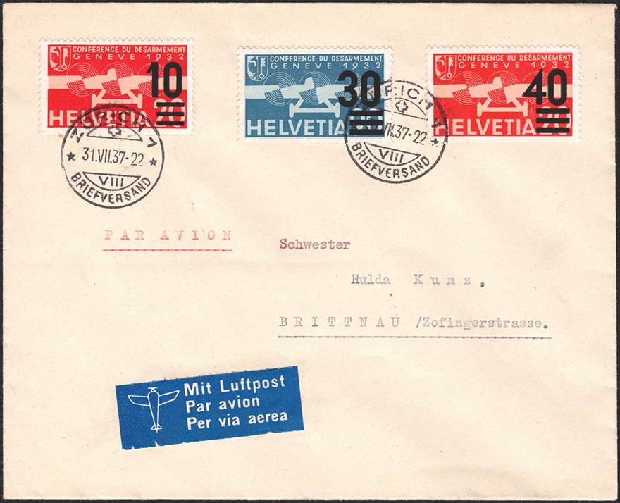 Schweiz, Flugpost, Nr.21/23/25 auf Luftpostbrief nach Brittnau, ZÜRICH