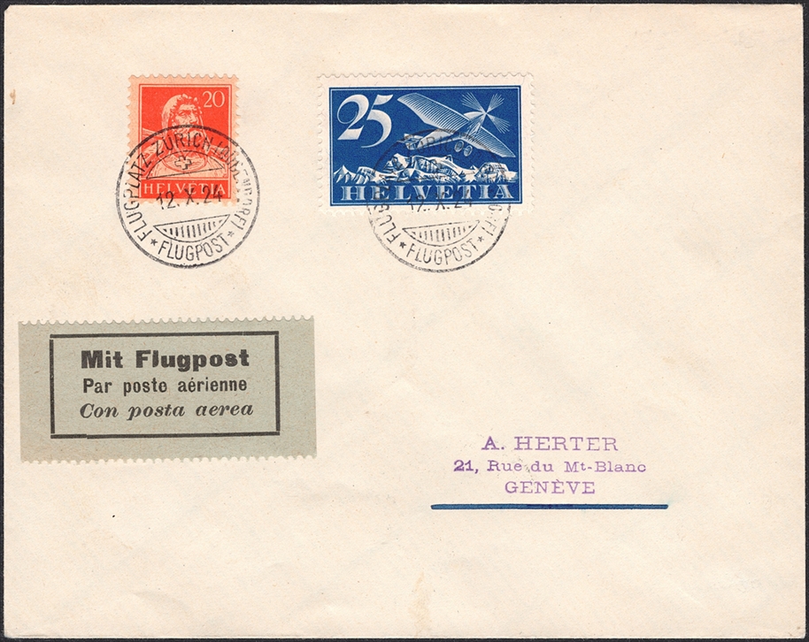 Schweiz, Flugpost, Nr.5/158, feinst auf Brief nach Genf, FLUGPLATZ ZÜRICH (DÜBENDORF)