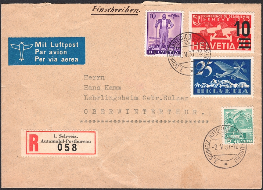 Schweiz, Flugpost, Nr.5+, auf eingeschriebenem Flugbrief nach Oberwinterthur, AUTOMOBIL-POSTBUREAU