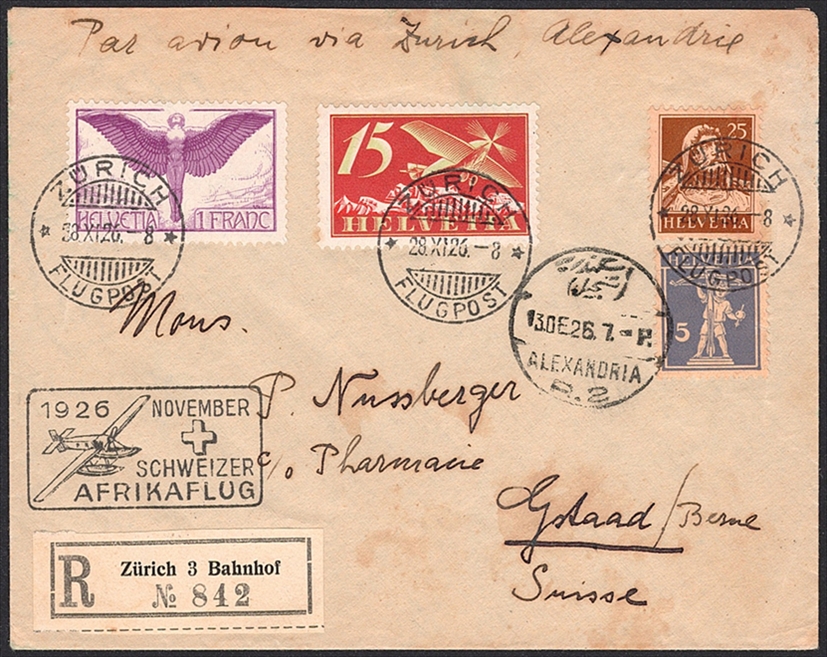 Schweiz, Flugpost, Sonderflüge, 1926, 1.Schweizer Afrikaflug, SF 26.7c, Zürich Alexandria, R-Brief