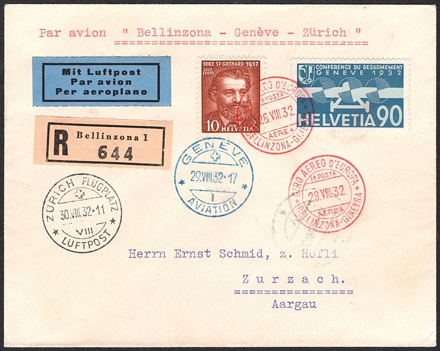 Schweiz, Flugpost, Sonderflüge, 1932, Bellinzona-Genf, SF 32.9b, R-Brief