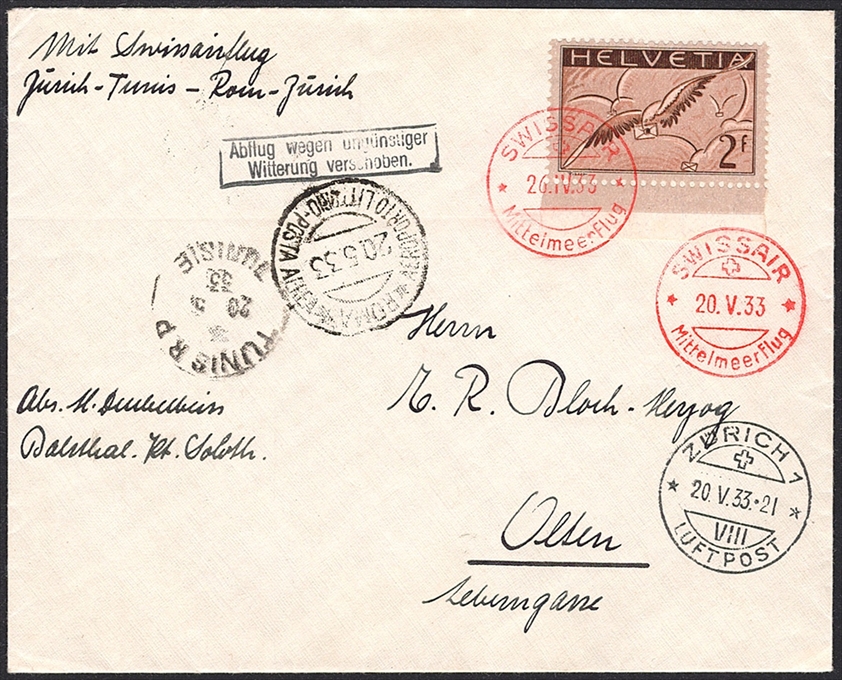Schweiz, Flugpost, Sonderflüge, 1933, Mittelmeerflug der Swissair, Zürich-Zürich, SF 33.6c