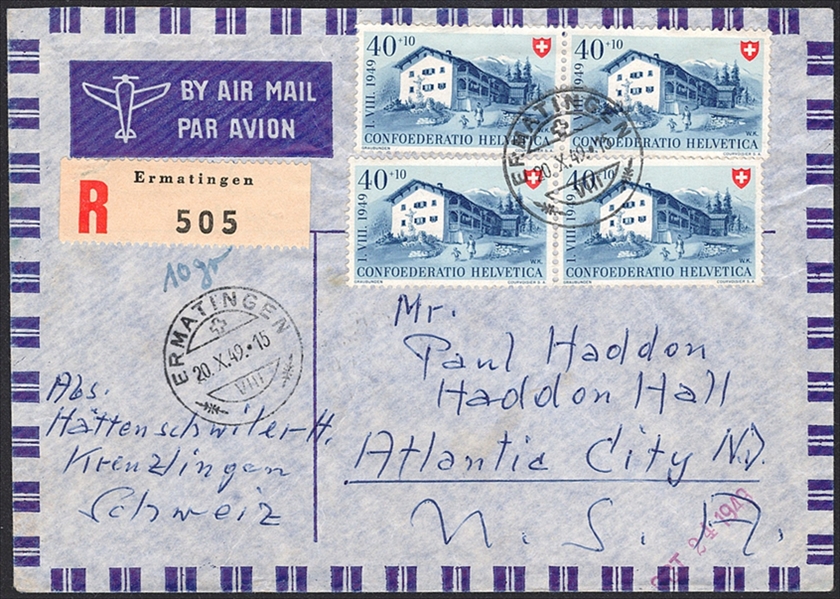 Schweiz, Frankaturen, Bedarfsflugpost, 1.60Fr, R-Brief nach Atlantic City, ERMATINGEN
