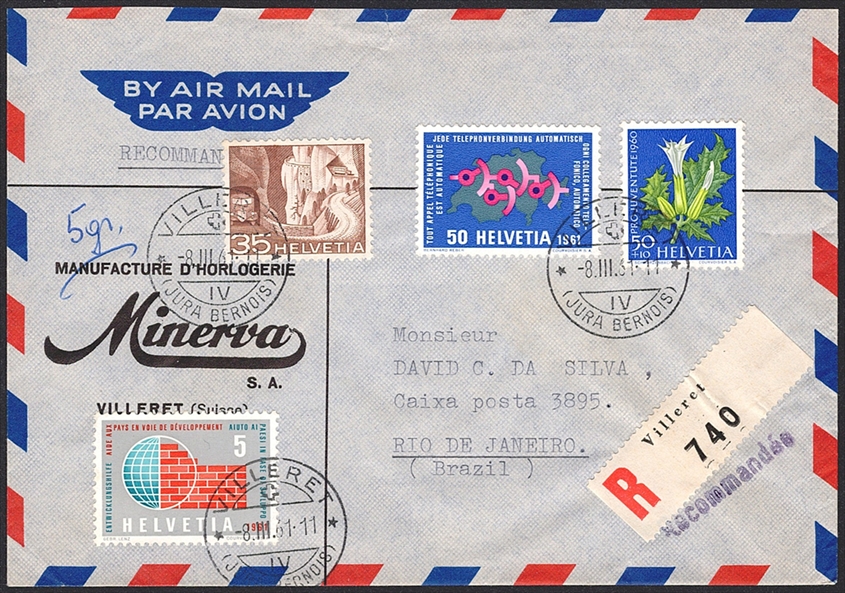Schweiz, Frankaturen, Bedarfsflugpost, 1.60Fr., R-Brief über 5gr. nach Rio, VILLERET
