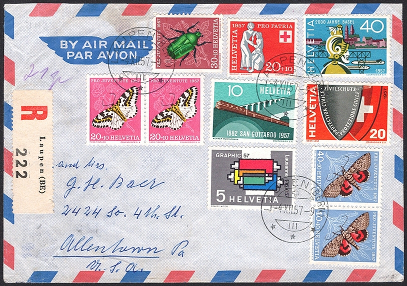 Schweiz, Frankaturen, Bedarfsflugpost, 2.45Fr., R-Brief über 21gr. nach Allentown, LAUPEN