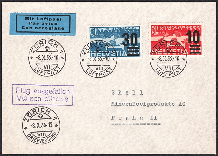 Schweiz, Frankaturen, Bedarfsflugpost, 40Rp., Brief nach Prag mi Ausfall-Stempel "Flug ausgefallen Vol non effectué", VSt 38, ZÜRICH