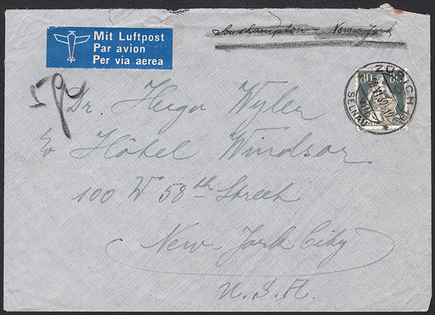 Schweiz, Frankaturen, Bedarfsflugpost, 80Rp., Brief über 5gr. nach New York, ZÜRICH
