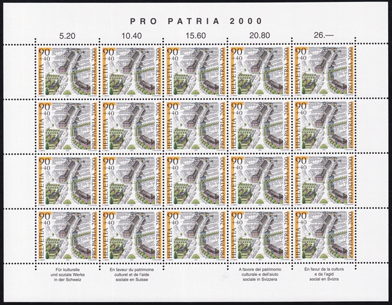 Schweiz Pro Patria 2000 SBK Nr. B270 "Ortsbilder - Brugg AG" 20er Bogen CHF 0.90er postfrisch zum Frankieren