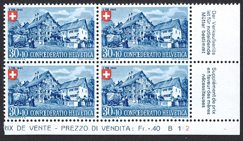 Schweiz, Pro Patria, Nr.29, Ostschweizer Riegelhaus, im Viererblock, Bogenecke
