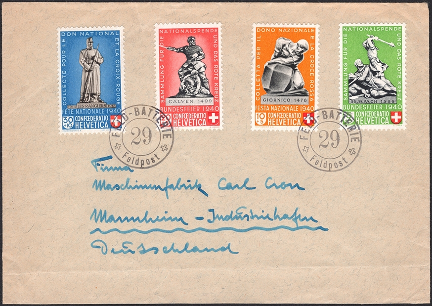 Schweiz, Pro Patria, Nr.3-4/5c/6 auf zensuriertem Brief nach Mannheim, gestempelt FELD-BATTERIE 29