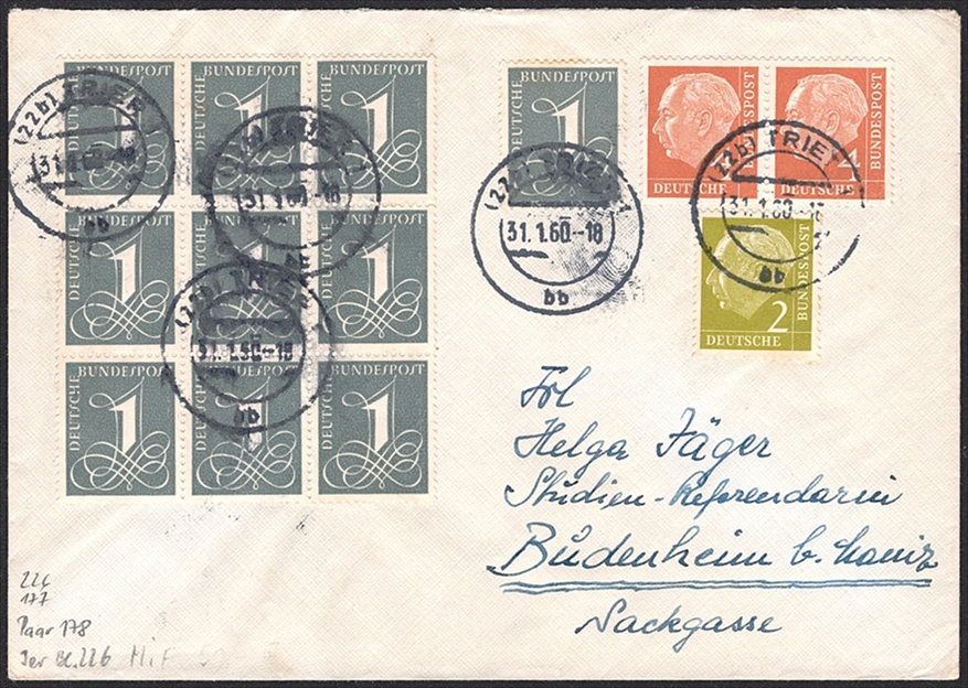 Deutschland, BRD, Nr.178xW. waagrechtes Paar mit 10xNr.226 und Nr.177 auf Brief nach Budenheim, TRIER