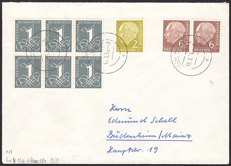 Deutschland, BRD, Nr.180xW. waagrechtes Paar mit 6x Nr.226 und Nr.177 auf Brief nach Budenheim, ALZEY