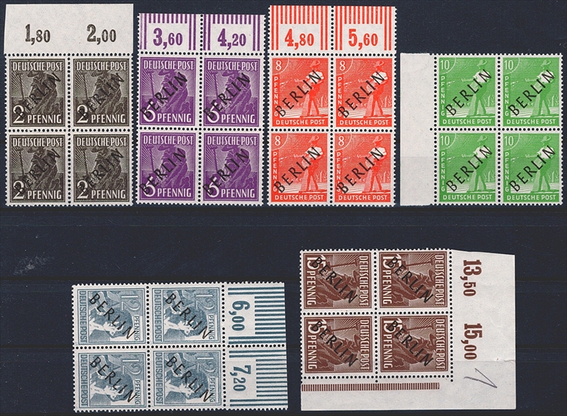 Deutschland, Berlin, Nr.1-20, Freimarken, komplette Serie im Viererblock, meist mit Bogenrändern, signiert Schlegel
