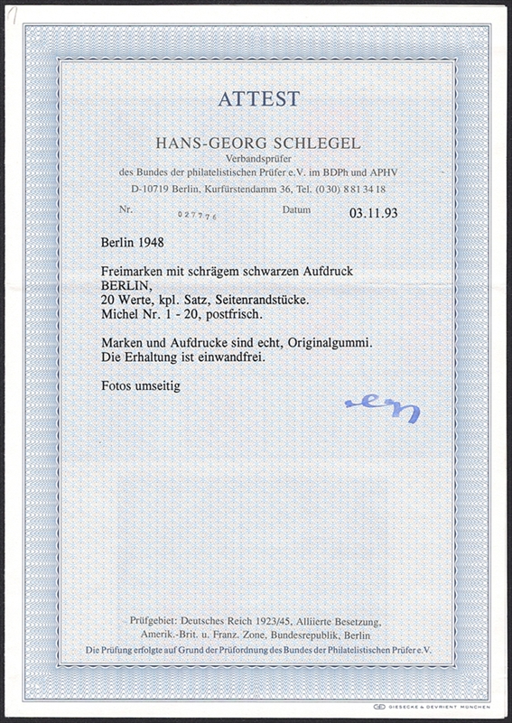 Deutschland, Berlin, Nr.1-20, Freimarken, komplette Serie mit linkem Bogenrand, Attest Schlegel – Bild 2