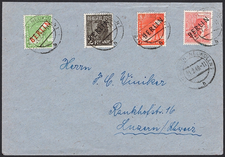 Deutschland, Berlin, Nr.1,3,11,24 portogerecht auf Brief der 2 Gewichtsstufe in die Schweiz, BERLIN-NEUKÖLLN