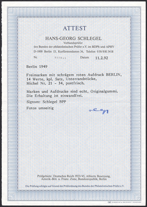 Deutschland, Berlin, Nr.21-34, Freimarken, komplette Serie mit Unterrandstücken, signiert und Attest Schlegel – Bild 2