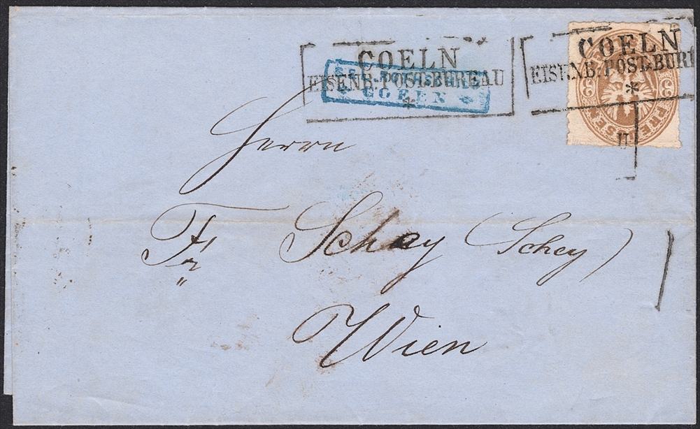 Deutschland, Preussen, Nr.18, 3Sgr. ocker, auf Faltbrief nach Wien, COELN EISENB.POSTBUREAU
