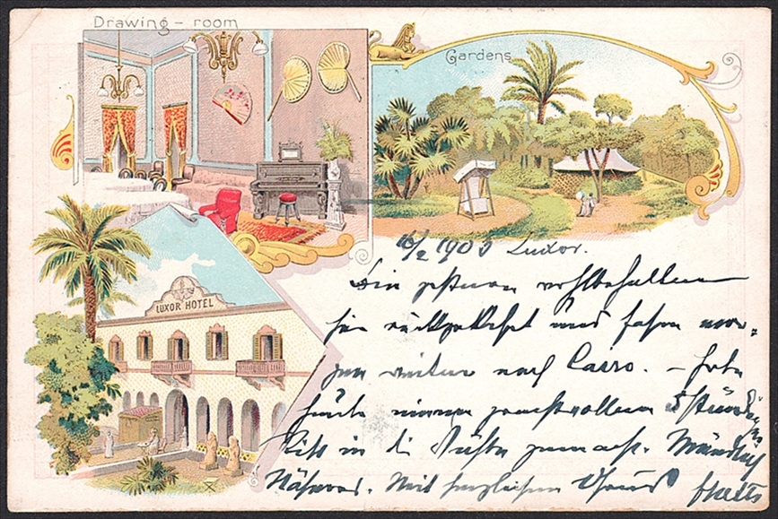 Lithographien, Ägypten, Luxor Hotel, 3 Bilder, gestempelt LUXOR-HOTEL, 1903