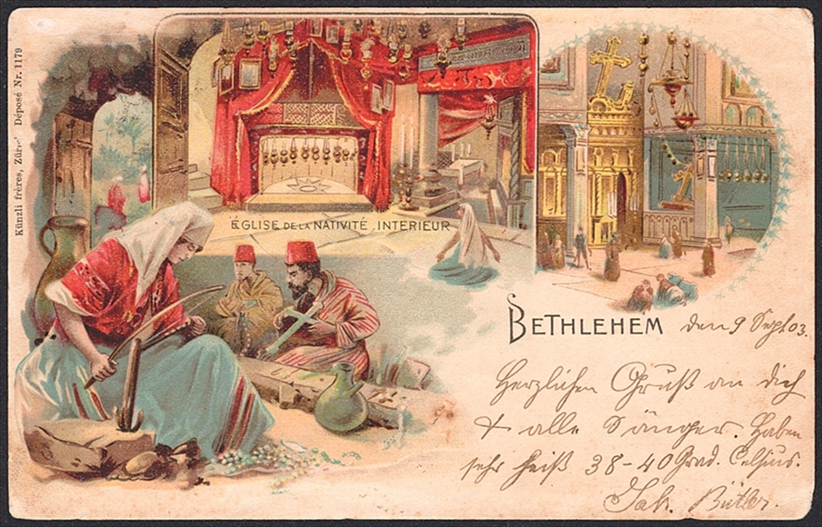 Lithographien, Levante, BETHLEHEM, 3 Bilder, frankiert Nr.44, gestempelt JERUSALEM