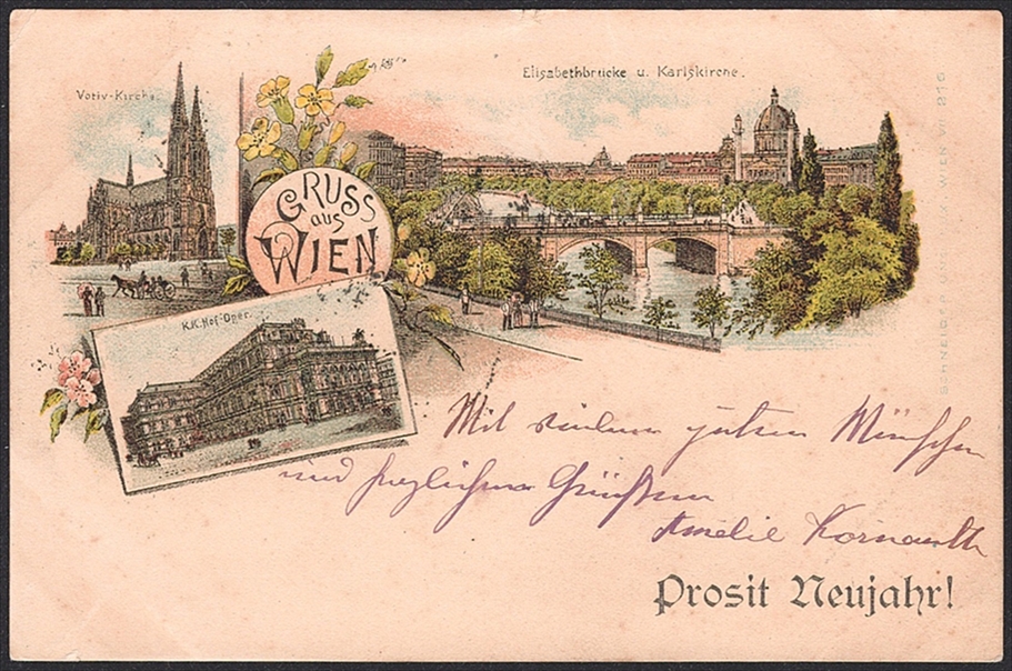 Lithographien, Österreich, Gruss aus WIEN Prosit Neujahr, 3 Bilder, 1894