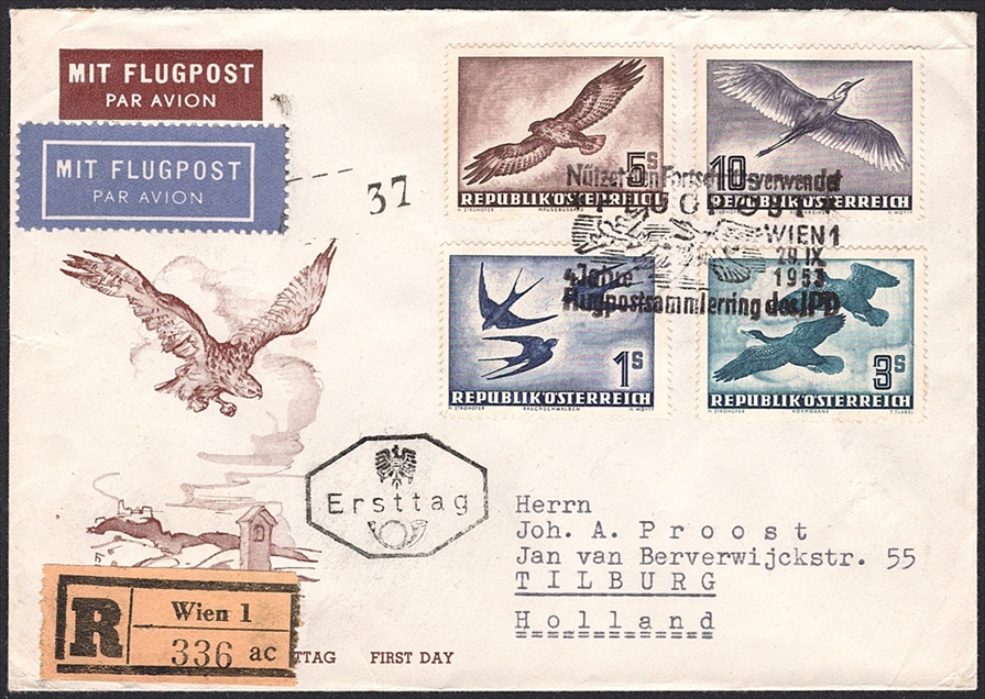 Österreich, Flugpost, Vögel 1953, Nr.984-987, komplette Serie auf R-FDC in die Niederlande