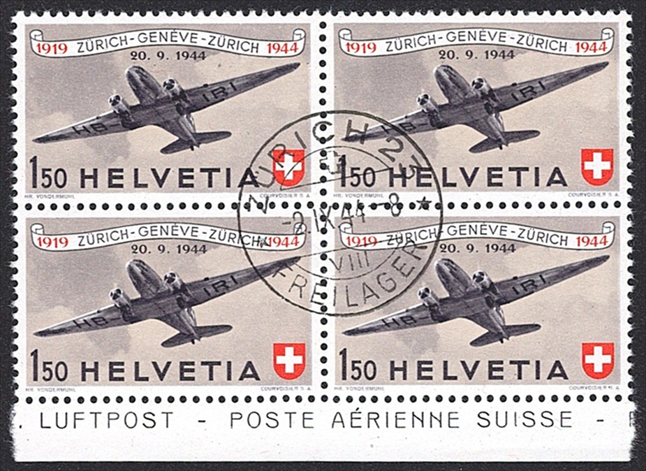 Schweiz, Flugpost, Pro Aero, Nr.40, im Viererblock mit unterem Bogenrand, ZÜRICH