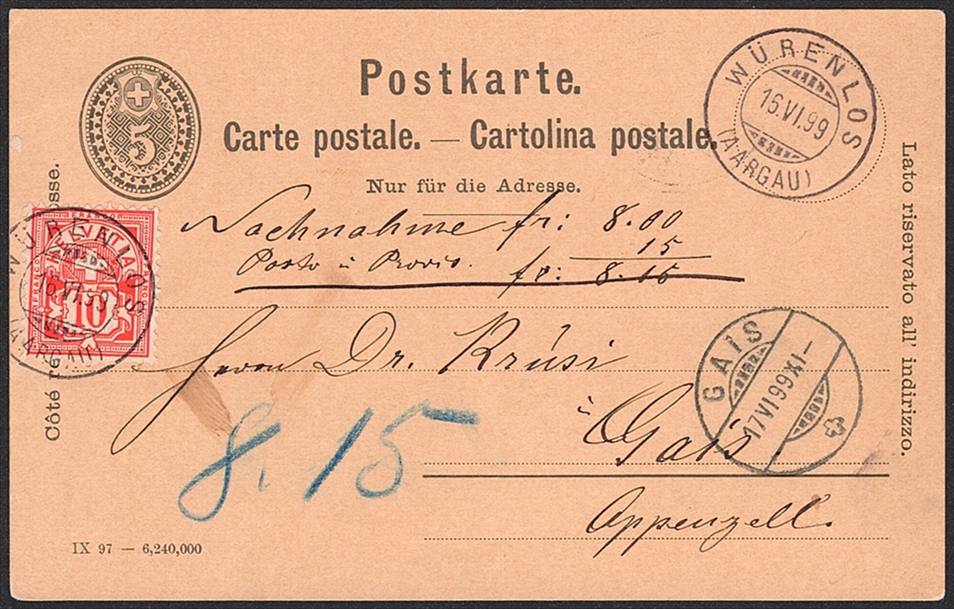 Schweiz, Frankaturen, UPU, 5Rp.Postkarte mit 10Rp.Wertziffer als Nachnahme nach Gais, WÜRENLOS