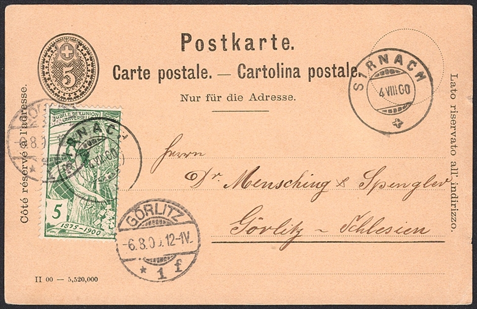 Schweiz, Frankaturen, UPU, 5Rp.Postkarte mit 5Rp.UPU Marke nach Görlitz, SIRNACH
