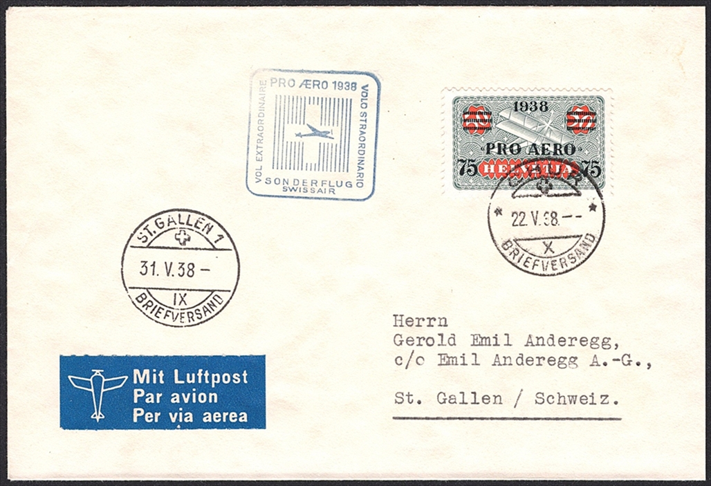 Schweiz, Sonderflüge, Pro Aero 1938, ab Chur nach Zürich, SF 38.1m