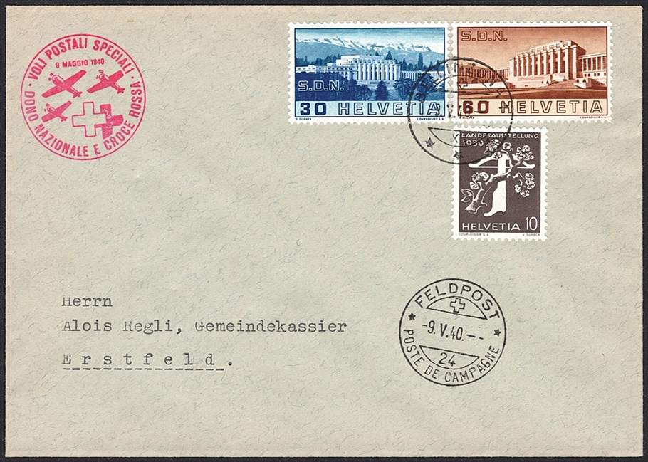 Schweiz, Sonderflüge, Rotkreuzflüge, ab Bellinzona in die Feldpost Nr.24, SF 40.2p, portogerecht